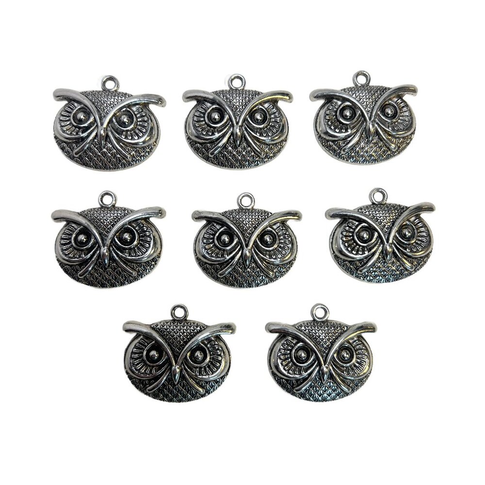 8 Owl Face Charms Pendants Antique Silver Tone Jewelry Making Supplies